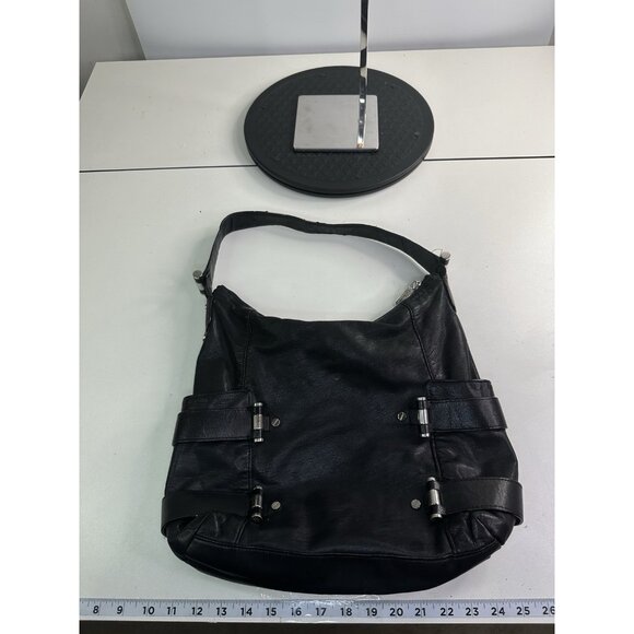 Michael Kors Black Leather Silver Hardware Shoulder Bag Purse Fulton - Picture 3 of 10
